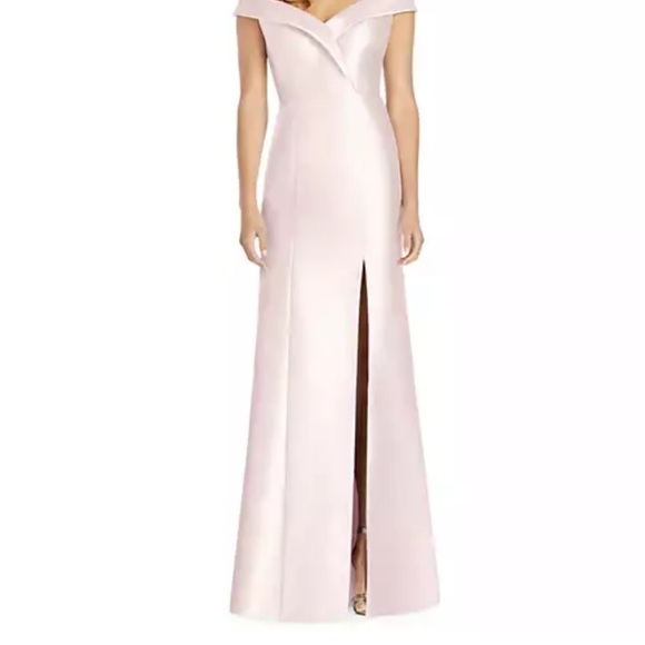 Alfred Sung D760 Off-The-Shoulder Satin Gown in Blush with Slit Size 0 NEW - Picture 4 of 14